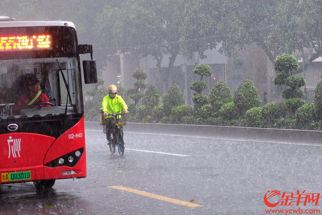 4月12日中午,广州城区下起大暴雨,外卖小哥依然如蜜蜂般在雨线中穿行,为街坊送来热辣的饭菜,辛苦了,街坊们记得给小哥们点个赞,说声:“谢谢”! 金羊网记者 陈秋明 摄