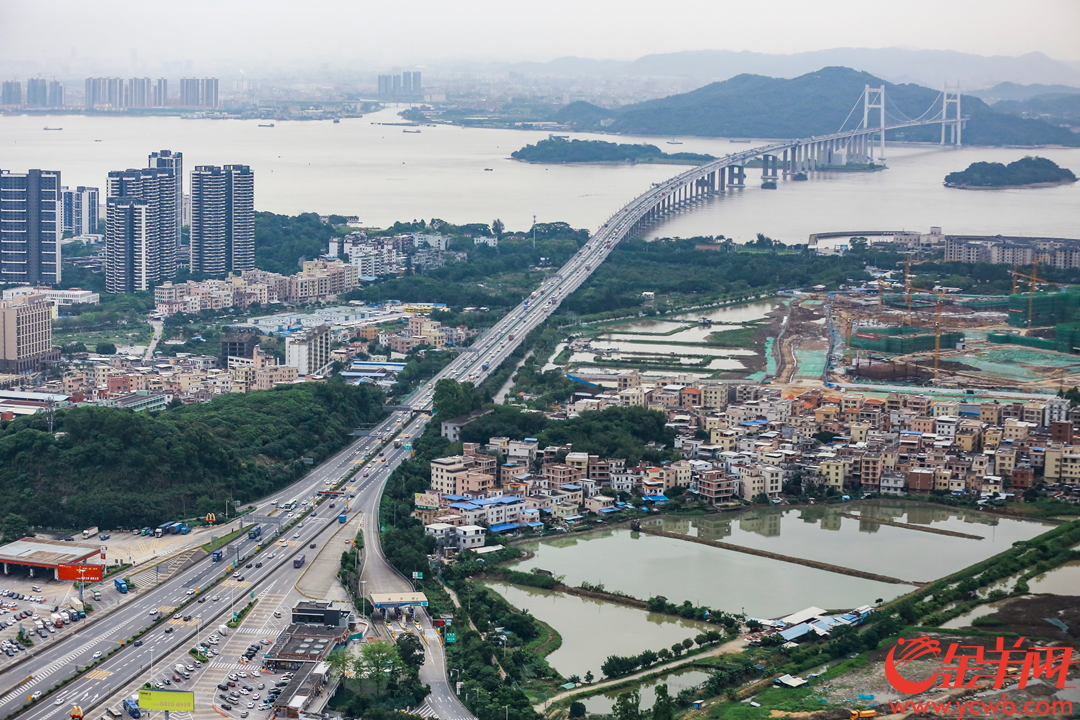 2019年5月4日下午2时许,金羊网记者跟随广东省公安厅交管局民警,一起乘坐直升机,从广州增城出发,沿途查看广深高速、虎门大桥、南沙大桥以及广深沿江高速的交通情况。图为路况相对畅顺的虎门大桥。 金羊网记者 宋金峪 摄
