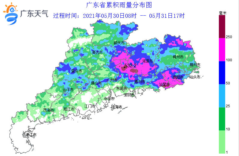 广东省累计雨量分布图,"渴得久"的粤东在5月30日至5月31日降雨中"补充