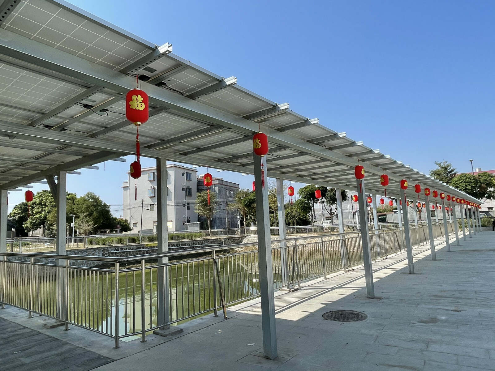 惠州市平潭镇鹤湖村村委会门口的停车场上,有一个特别的"遮阳棚".